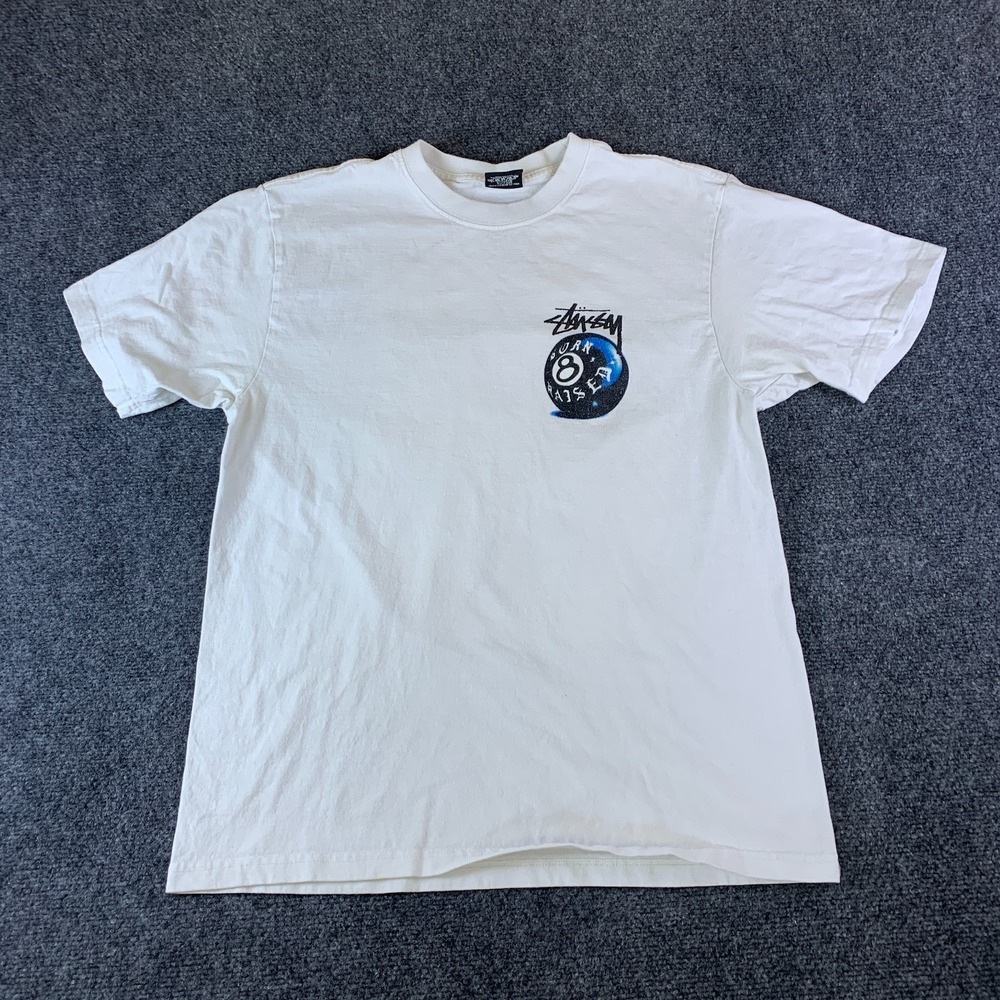 Stussy x Born x Raised 8 Ball Tee Shirt Mens Medium White Graphic Cotton Casual